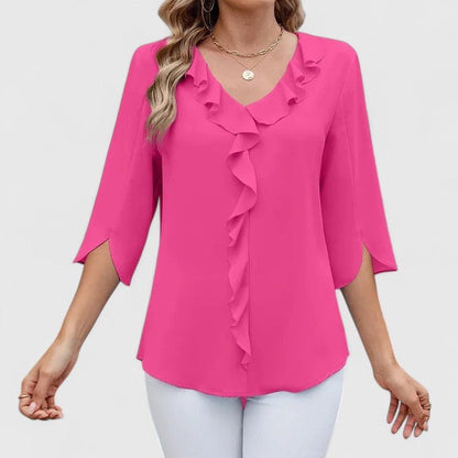 Effortless Ruffle Trim Blouse for Women with V Neck Split Sleeve Relaxed Flowing Style