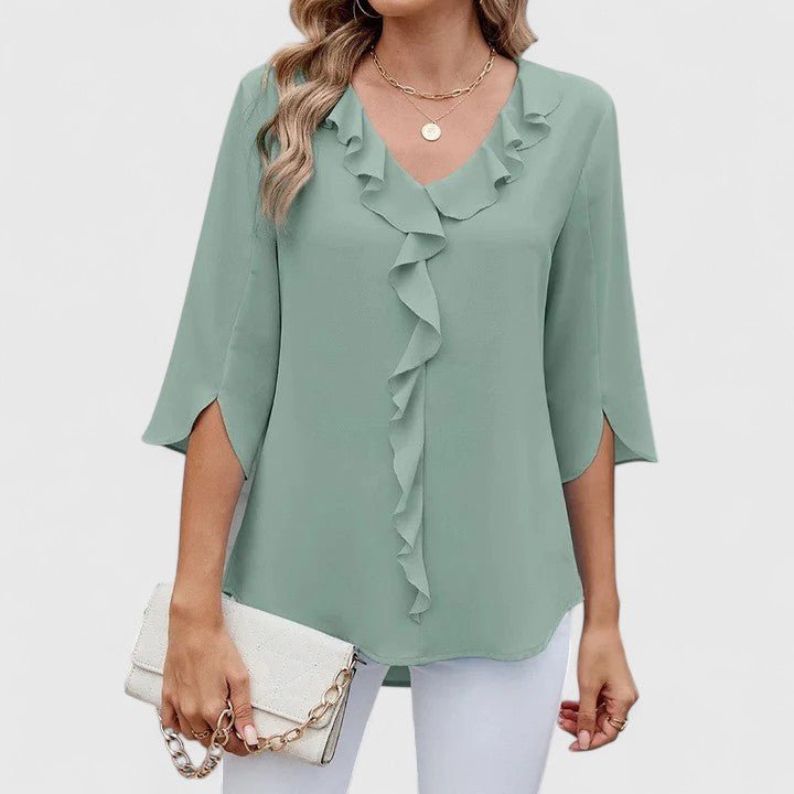 Effortless Ruffle Trim Blouse for Women with V Neck Split Sleeve Relaxed Flowing Style