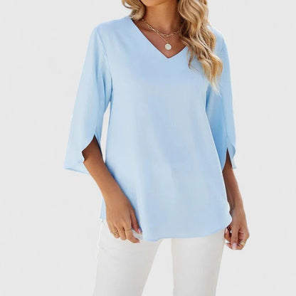 Effortless Ruffle Trim Blouse for Women with V Neck Split Sleeve Relaxed Flowing Style