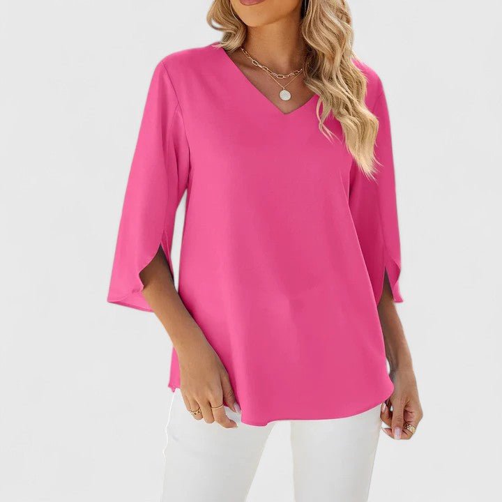 Effortless Ruffle Trim Blouse for Women with V Neck Split Sleeve Relaxed Flowing Style