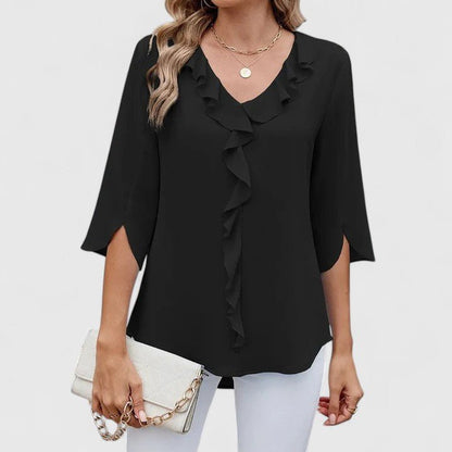 Effortless Ruffle Trim Blouse for Women with V Neck Split Sleeve Relaxed Flowing Style