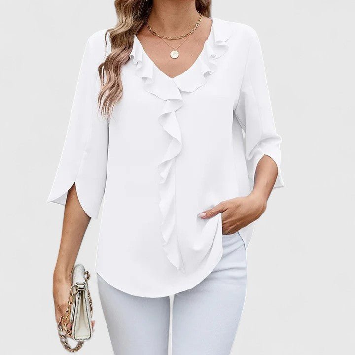 Effortless Ruffle Trim Blouse for Women with V Neck Split Sleeve Relaxed Flowing Style