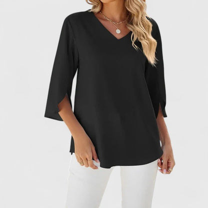 Effortless Ruffle Trim Blouse for Women with V Neck Split Sleeve Relaxed Flowing Style