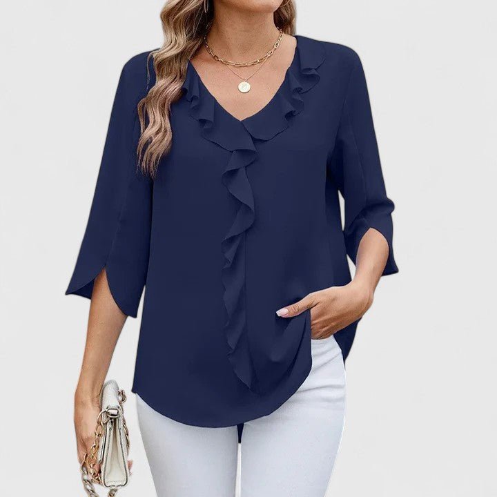 Effortless Ruffle Trim Blouse for Women with V Neck Split Sleeve Relaxed Flowing Style