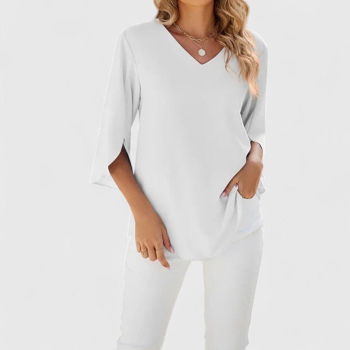 Effortless Ruffle Trim Blouse for Women with V Neck Split Sleeve Relaxed Flowing Style