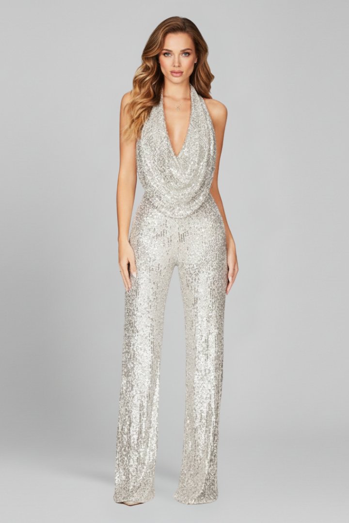 Elegant Sequin Jumpsuit for Women with Halter Cowl Neck Sleeveless Wide Leg Formal Party Style