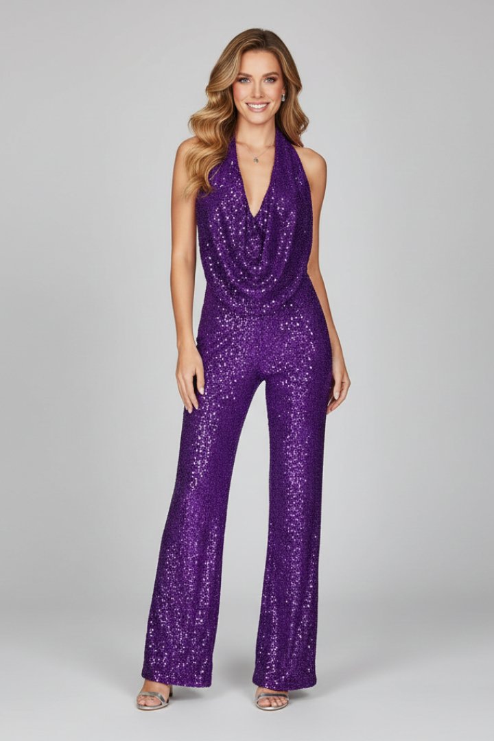 Elegant Sequin Jumpsuit for Women with Halter Cowl Neck Sleeveless Wide Leg Formal Party Style