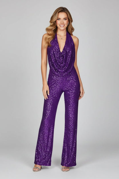 Elegant Sequin Jumpsuit for Women with Halter Cowl Neck Sleeveless Wide Leg Formal Party Style