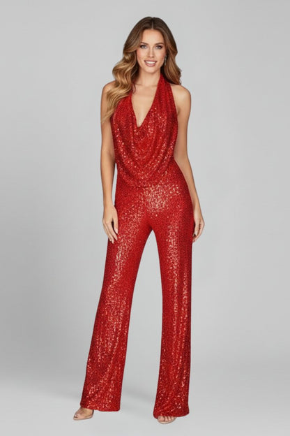 Elegant Sequin Jumpsuit for Women with Halter Cowl Neck Sleeveless Wide Leg Formal Party Style