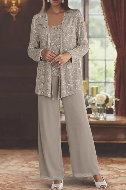 Elegant Sequin Three Piece Set for Women with Open Front Jacket Square Neck Wide Leg Pant Formal Wedding Guest Style
