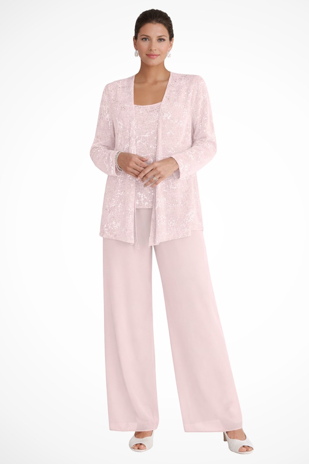 Elegant Sequin Three Piece Set for Women with Open Front Jacket Square Neck Wide Leg Pant Formal Wedding Guest Style
