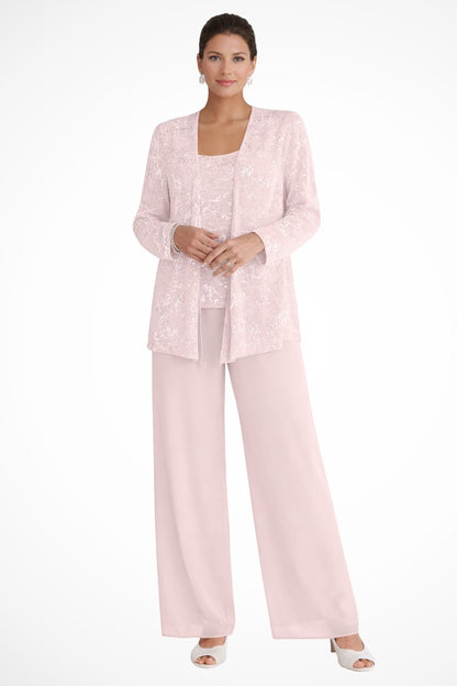 Elegant Sequin Three Piece Set for Women with Open Front Jacket Square Neck Wide Leg Pant Formal Wedding Guest Style