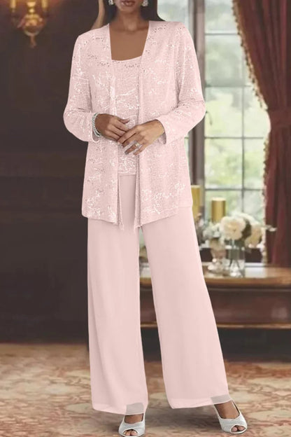 Elegant Sequin Three Piece Set for Women with Open Front Jacket Square Neck Wide Leg Pant Formal Wedding Guest Style