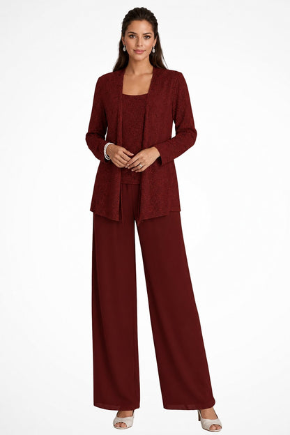 Elegant Sequin Three Piece Set for Women with Open Front Jacket Square Neck Wide Leg Pant Formal Wedding Guest Style