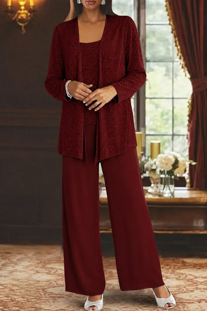 Elegant Sequin Three Piece Set for Women with Open Front Jacket Square Neck Wide Leg Pant Formal Wedding Guest Style