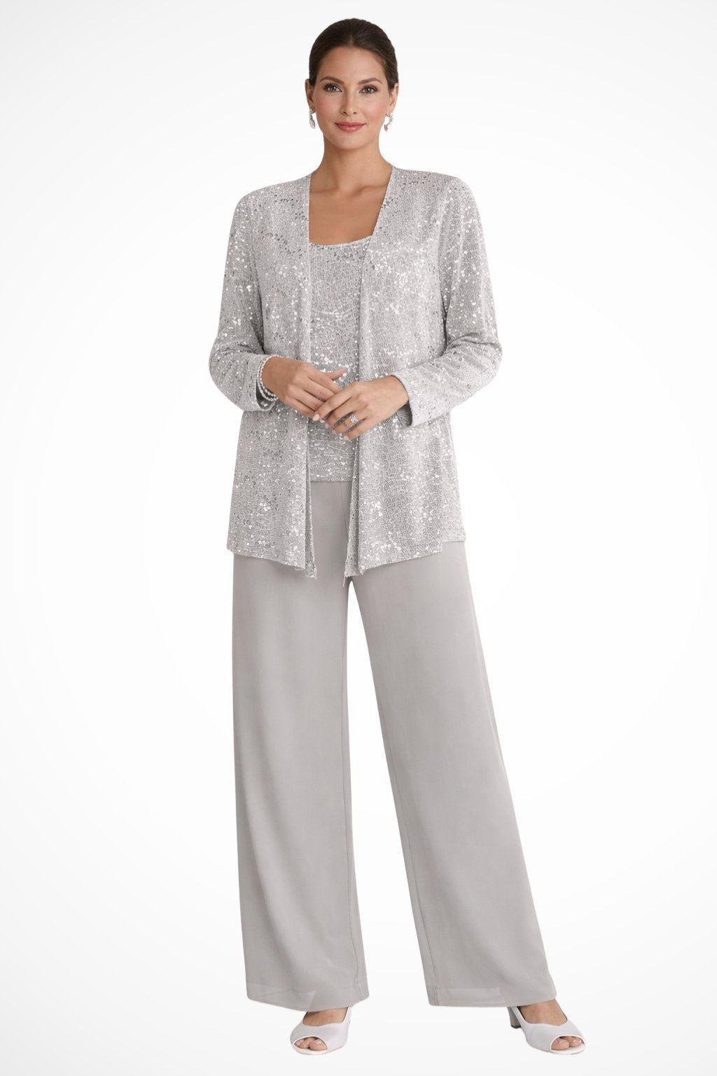 Elegant Sequin Three Piece Set for Women with Open Front Jacket Square Neck Wide Leg Pant Formal Wedding Guest Style