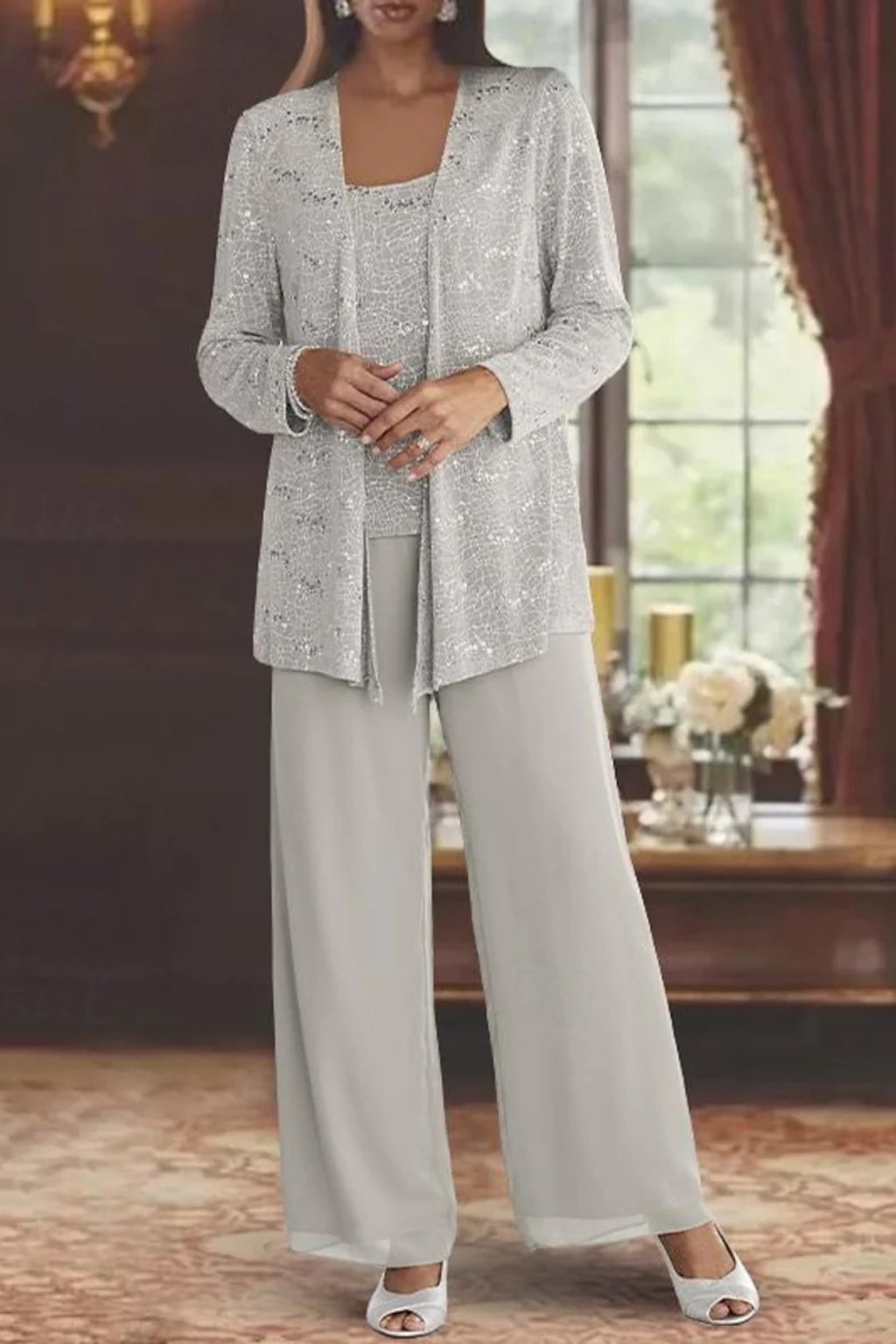 Elegant Sequin Three Piece Set for Women with Open Front Jacket Square Neck Wide Leg Pant Formal Wedding Guest Style