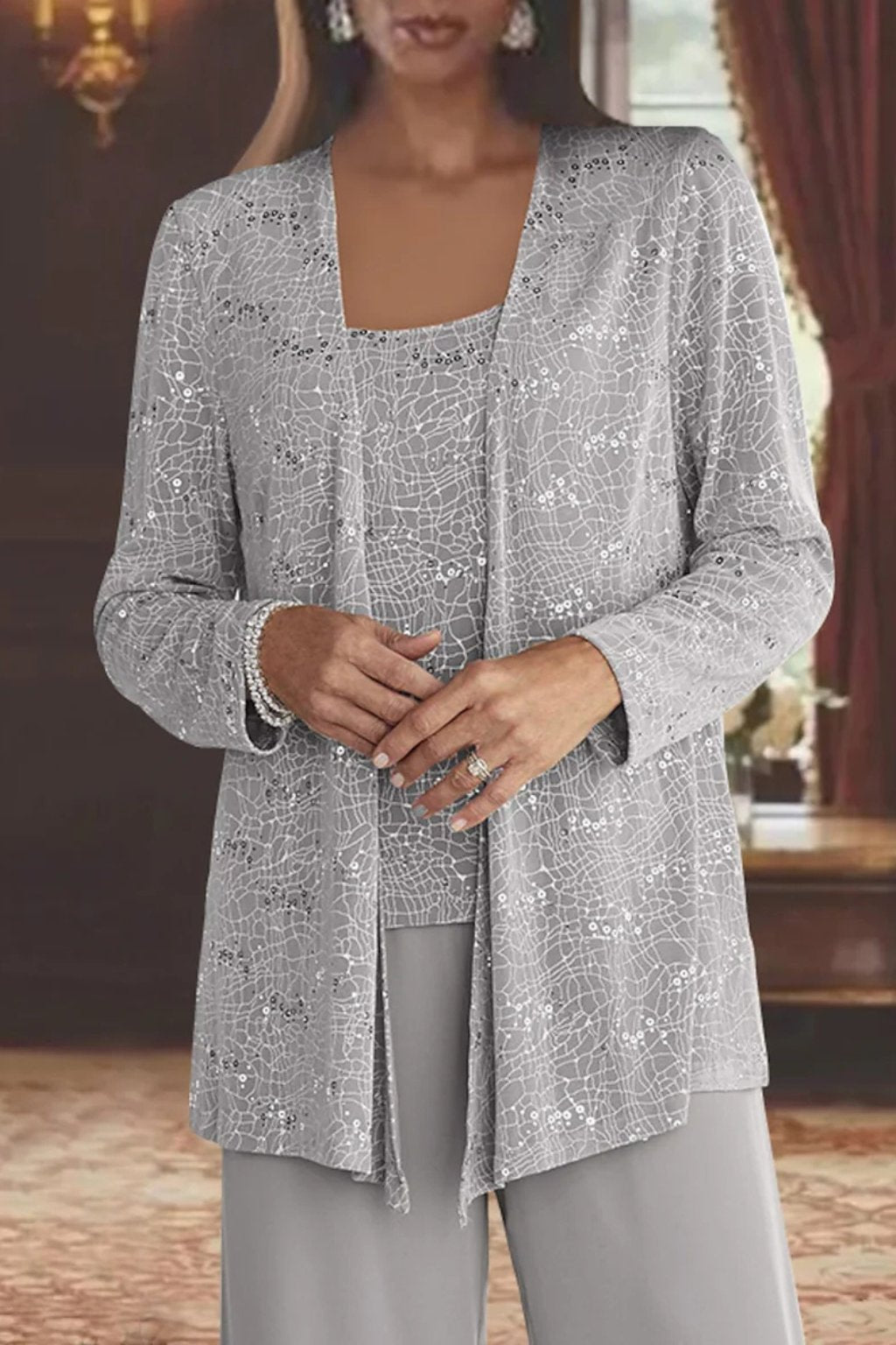 Elegant Sequin Three Piece Set for Women with Open Front Jacket Square Neck Wide Leg Pant Formal Wedding Guest Style