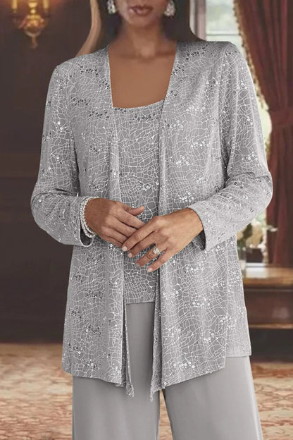 Elegant Sequin Three Piece Set for Women with Open Front Jacket Square Neck Wide Leg Pant Formal Wedding Guest Style