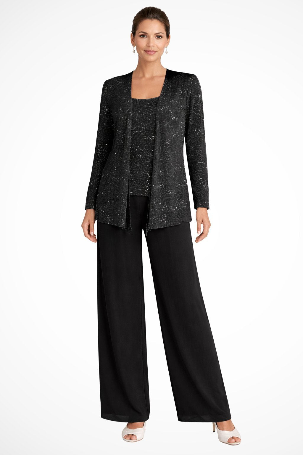 Elegant Sequin Three Piece Set for Women with Open Front Jacket Square Neck Wide Leg Pant Formal Wedding Guest Style