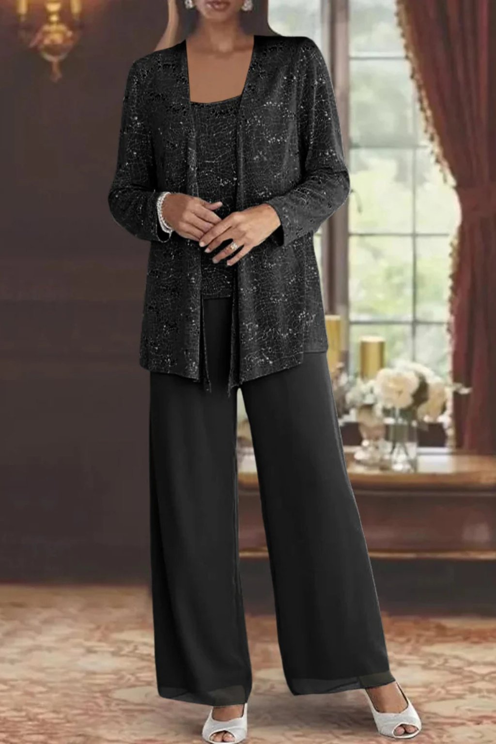 Elegant Sequin Three Piece Set for Women with Open Front Jacket Square Neck Wide Leg Pant Formal Wedding Guest Style