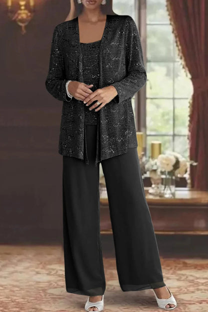 Elegant Sequin Three Piece Set for Women with Open Front Jacket Square Neck Wide Leg Pant Formal Wedding Guest Style