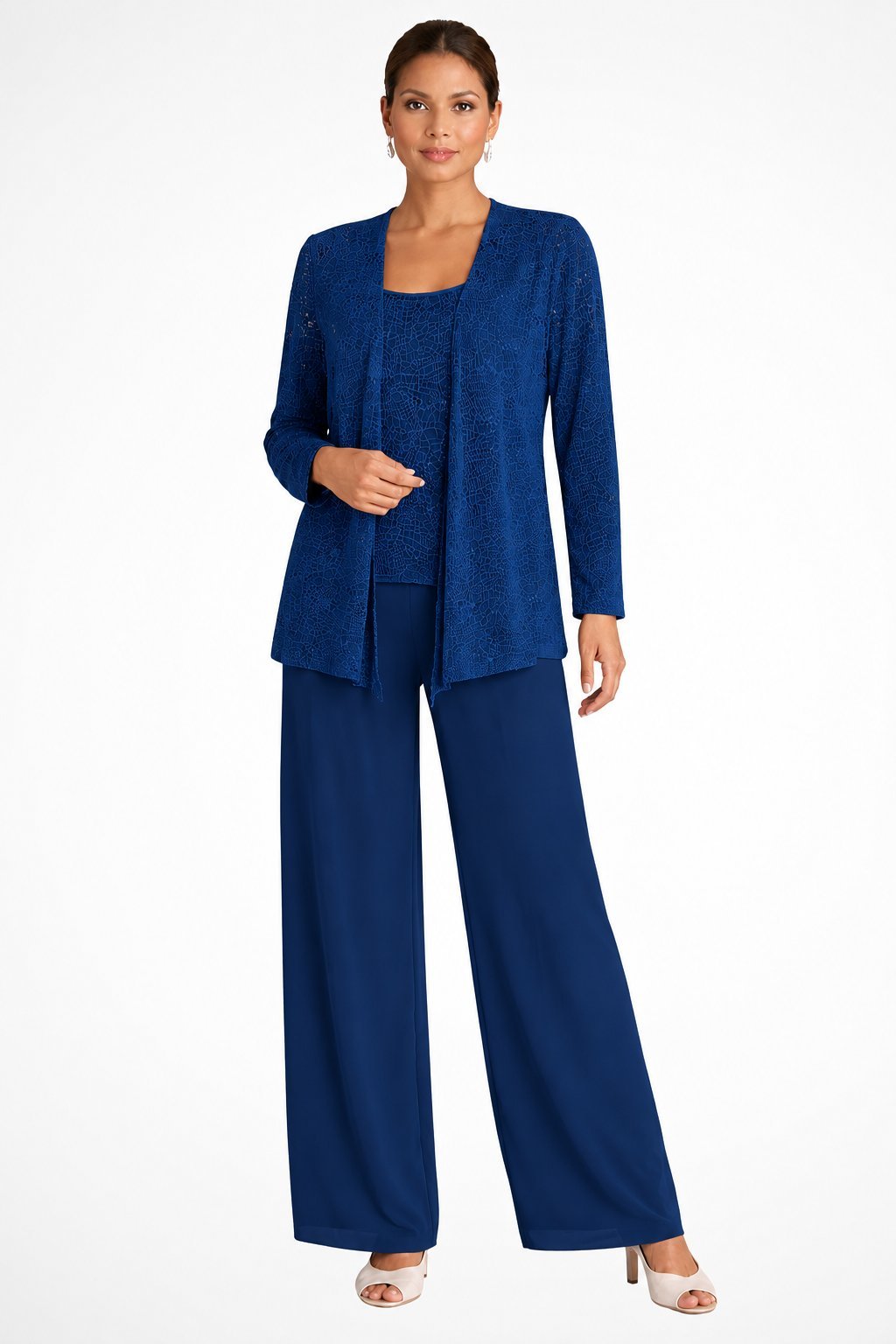 Elegant Sequin Three Piece Set for Women with Open Front Jacket Square Neck Wide Leg Pant Formal Wedding Guest Style