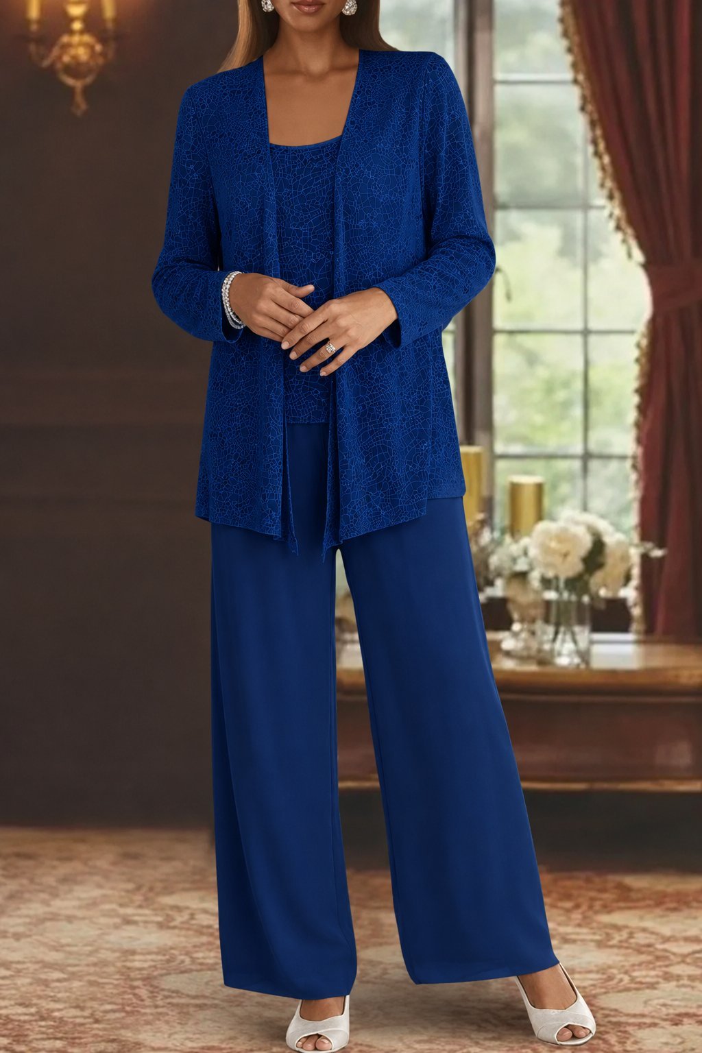 Elegant Sequin Three Piece Set for Women with Open Front Jacket Square Neck Wide Leg Pant Formal Wedding Guest Style