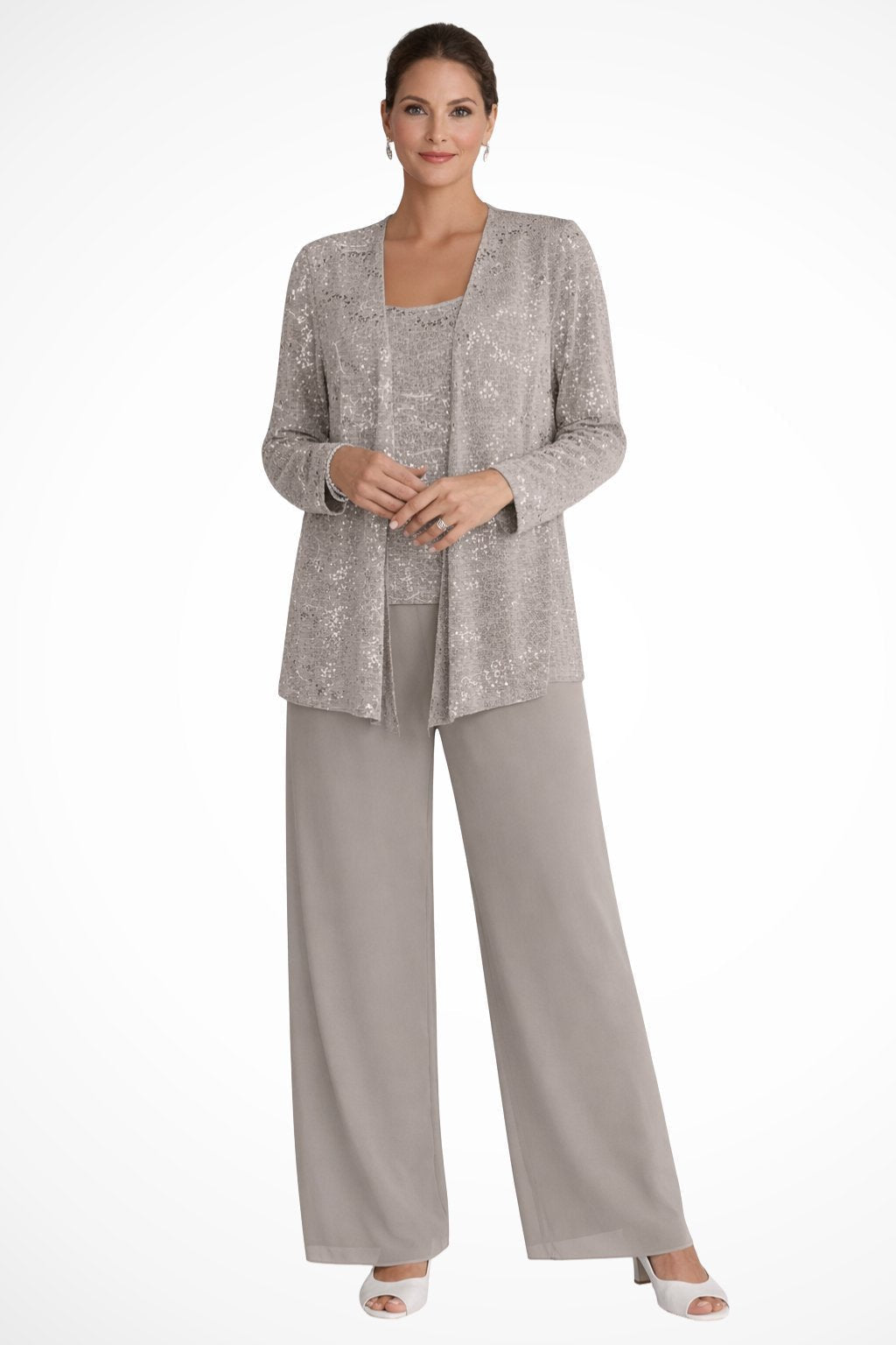 Elegant Sequin Three Piece Set for Women with Open Front Jacket Square Neck Wide Leg Pant Formal Wedding Guest Style
