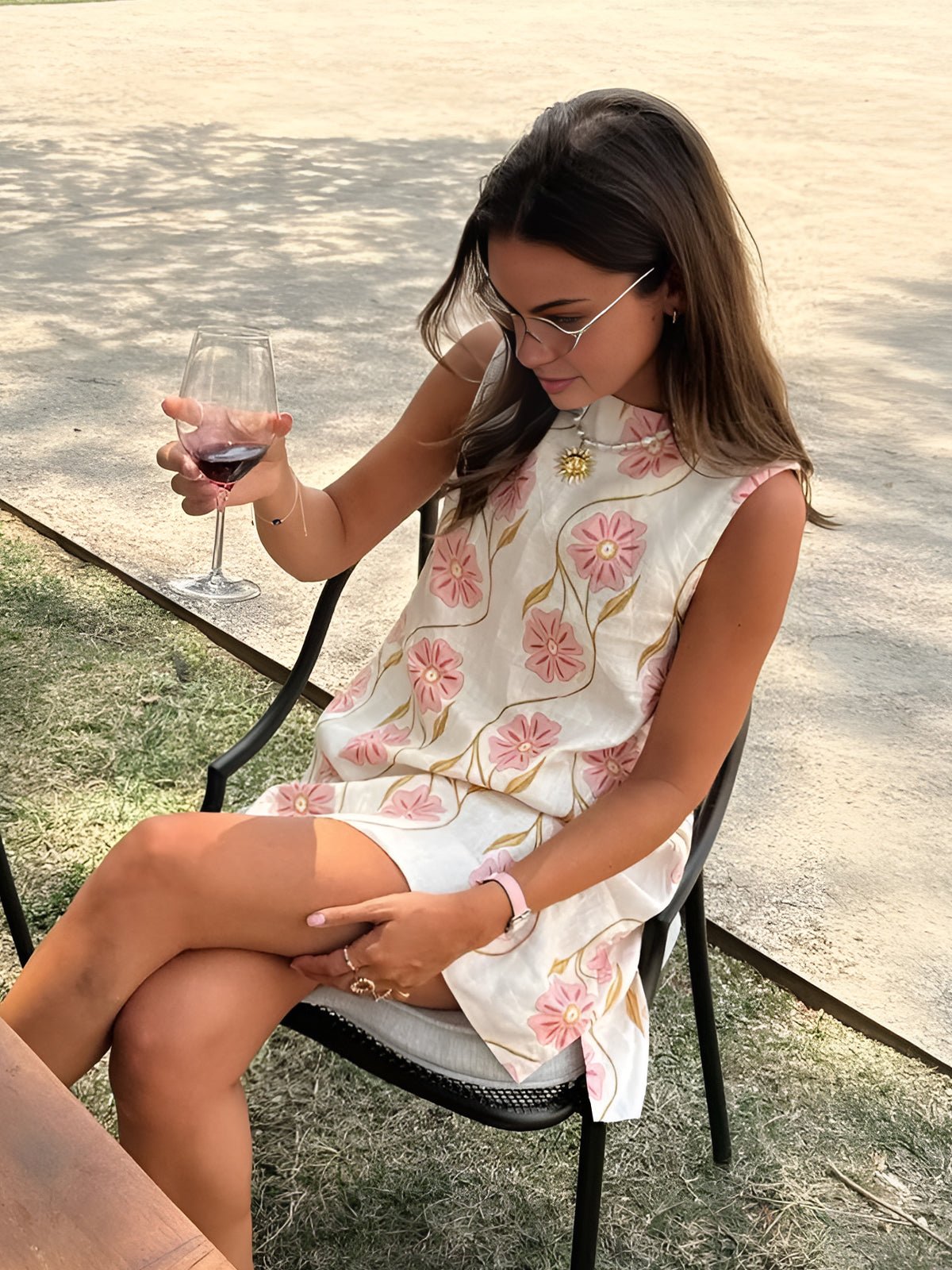 Elegant White Floral Embroidered Mini Dress for Women with High Neck Sleeveless Linen Trapeze Style