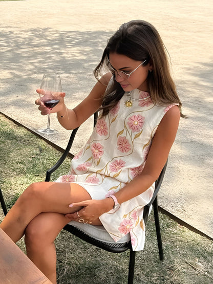 Elegant White Floral Embroidered Mini Dress for Women with High Neck Sleeveless Linen Trapeze Style