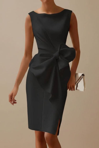 Elegant Satin Midi Dress for Women with Bow Waist Side Slit Sleeveless Formal Wedding Guest Style