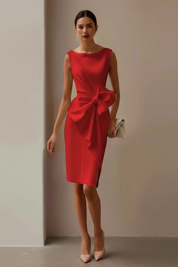 Elegant Satin Midi Dress for Women with Bow Waist Side Slit Sleeveless Formal Wedding Guest Style