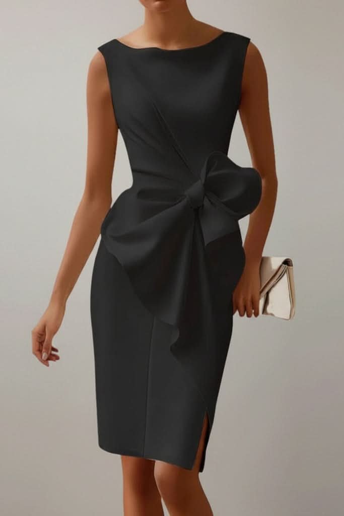 Elegant Satin Midi Dress for Women with Bow Waist Side Slit Sleeveless Formal Wedding Guest Style