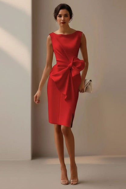 Elegant Satin Midi Dress for Women with Bow Waist Side Slit Sleeveless Formal Wedding Guest Style