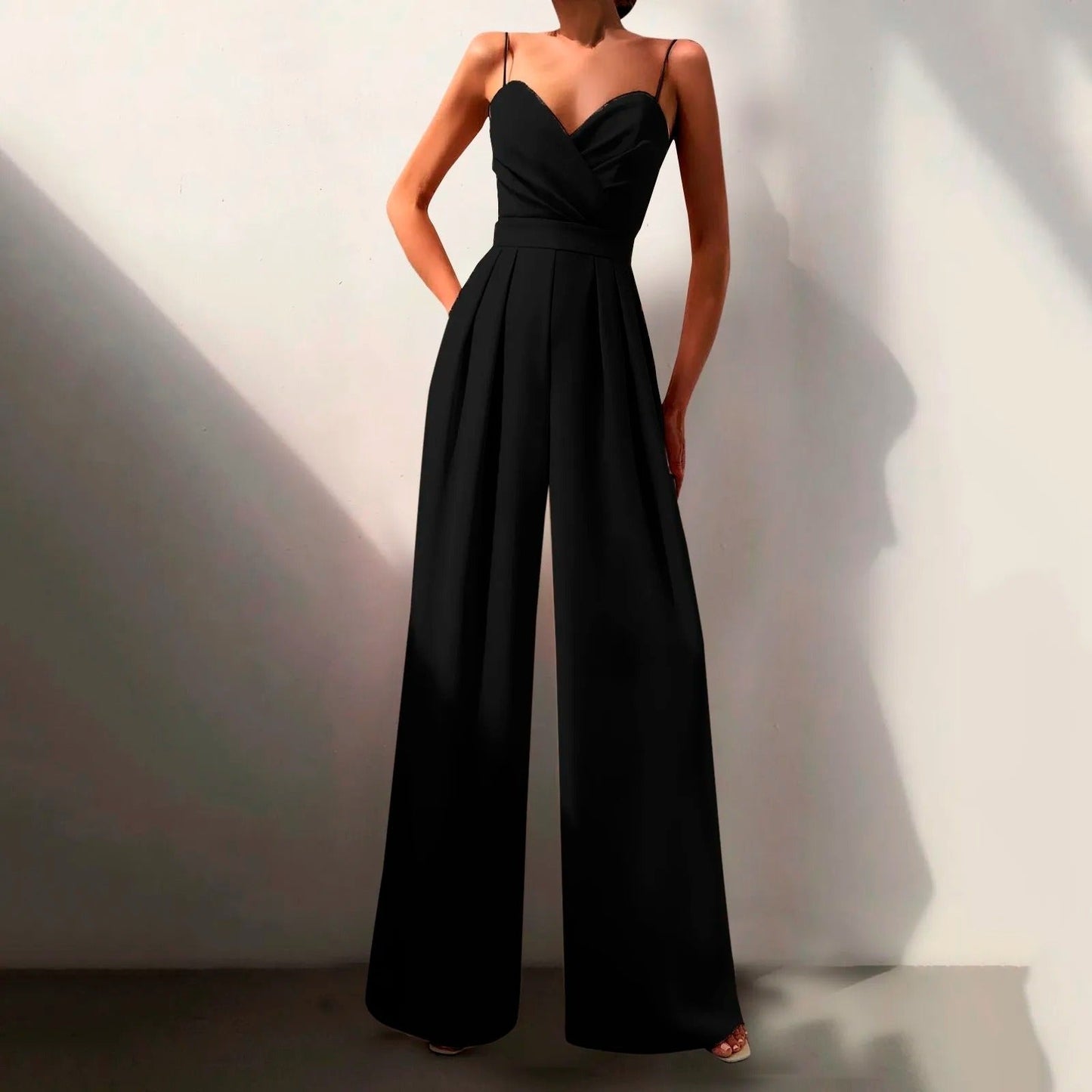 Elegant Wide Leg Jumpsuit for Women with V Neck Spaghetti Strap Pleated Waist Formal Style