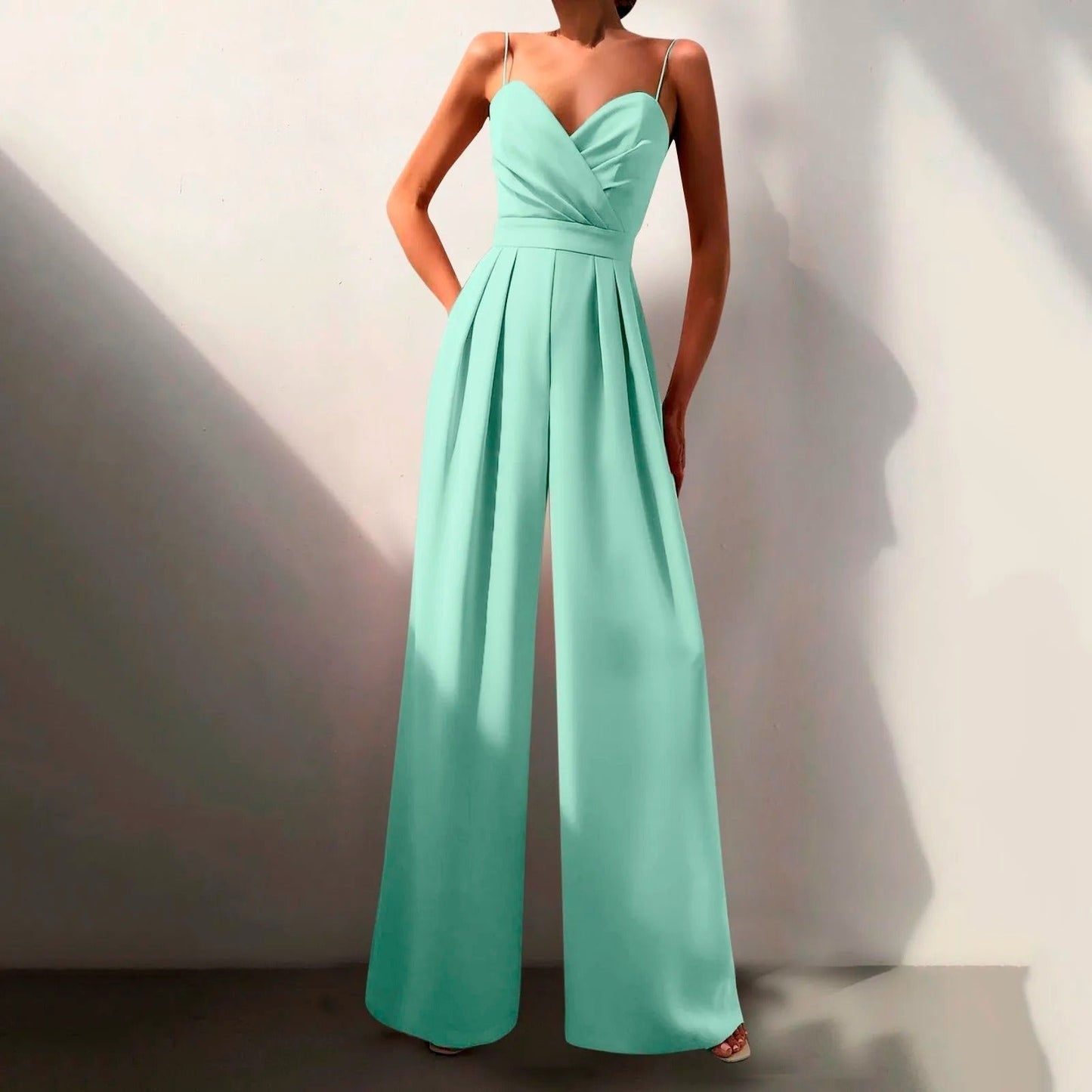 Elegant Wide Leg Jumpsuit for Women with V Neck Spaghetti Strap Pleated Waist Formal Style