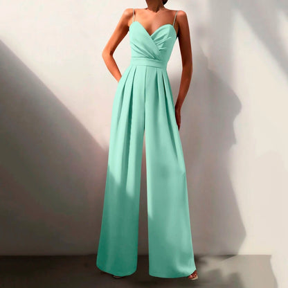 Elegant Wide Leg Jumpsuit for Women with V Neck Spaghetti Strap Pleated Waist Formal Style