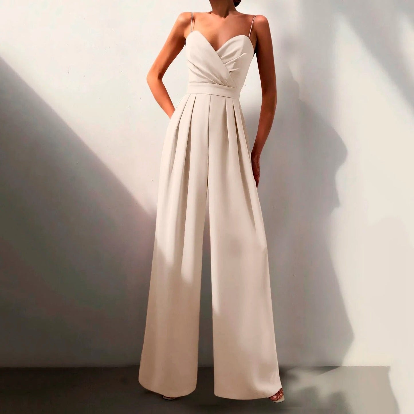 Elegant Wide Leg Jumpsuit for Women with V Neck Spaghetti Strap Pleated Waist Formal Style