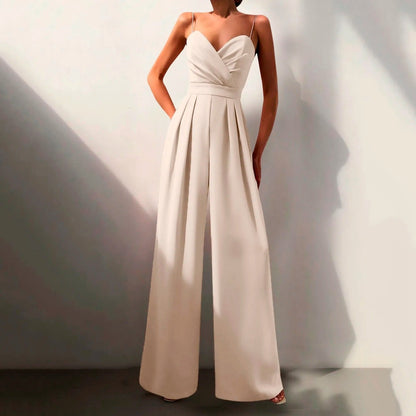 Elegant Wide Leg Jumpsuit for Women with V Neck Spaghetti Strap Pleated Waist Formal Style