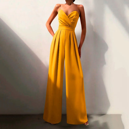 Elegant Wide Leg Jumpsuit for Women with V Neck Spaghetti Strap Pleated Waist Formal Style