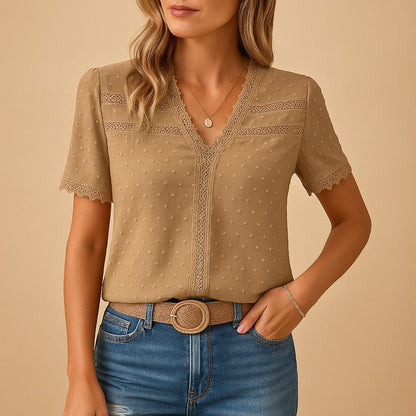 Effortless Swiss Dot Blouse for Women with V Neck Short Sleeve Lace Trim Casual Style