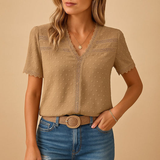 Effortless Swiss Dot Blouse for Women with V Neck Short Sleeve Lace Trim Casual Style
