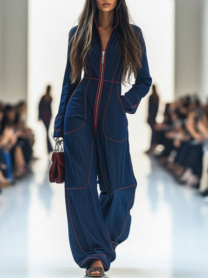 Elegant Dark Blue Denim Jumpsuit for Women with Mock Neck Zip Front Wide Leg Relaxed Style