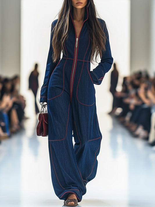 Elegant Dark Blue Denim Jumpsuit for Women with Mock Neck Zip Front Wide Leg Relaxed Style
