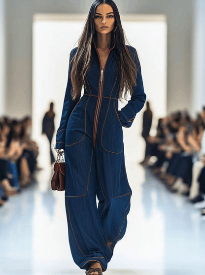 Elegant Dark Blue Denim Jumpsuit for Women with Mock Neck Zip Front Wide Leg Relaxed Style