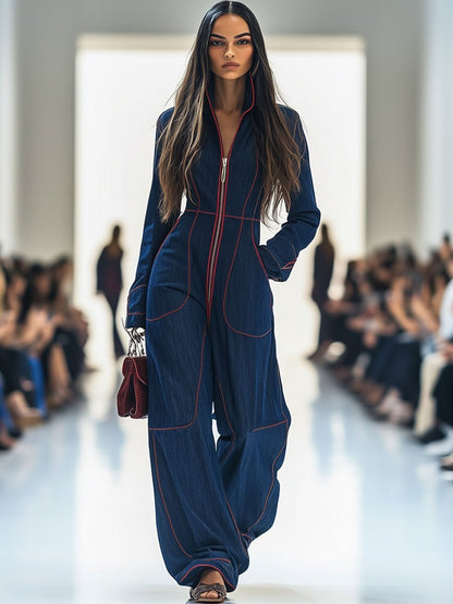 Elegant Dark Blue Denim Jumpsuit for Women with Mock Neck Zip Front Wide Leg Relaxed Style