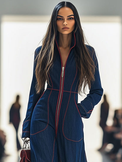 Elegant Dark Blue Denim Jumpsuit for Women with Mock Neck Zip Front Wide Leg Relaxed Style