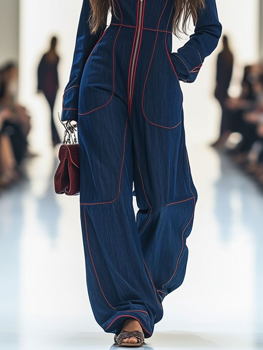 Elegant Dark Blue Denim Jumpsuit for Women with Mock Neck Zip Front Wide Leg Relaxed Style