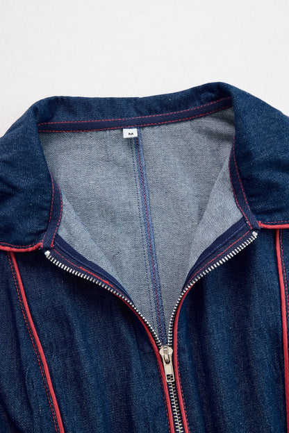 Elegant Dark Blue Denim Jumpsuit for Women with Mock Neck Zip Front Wide Leg Relaxed Style